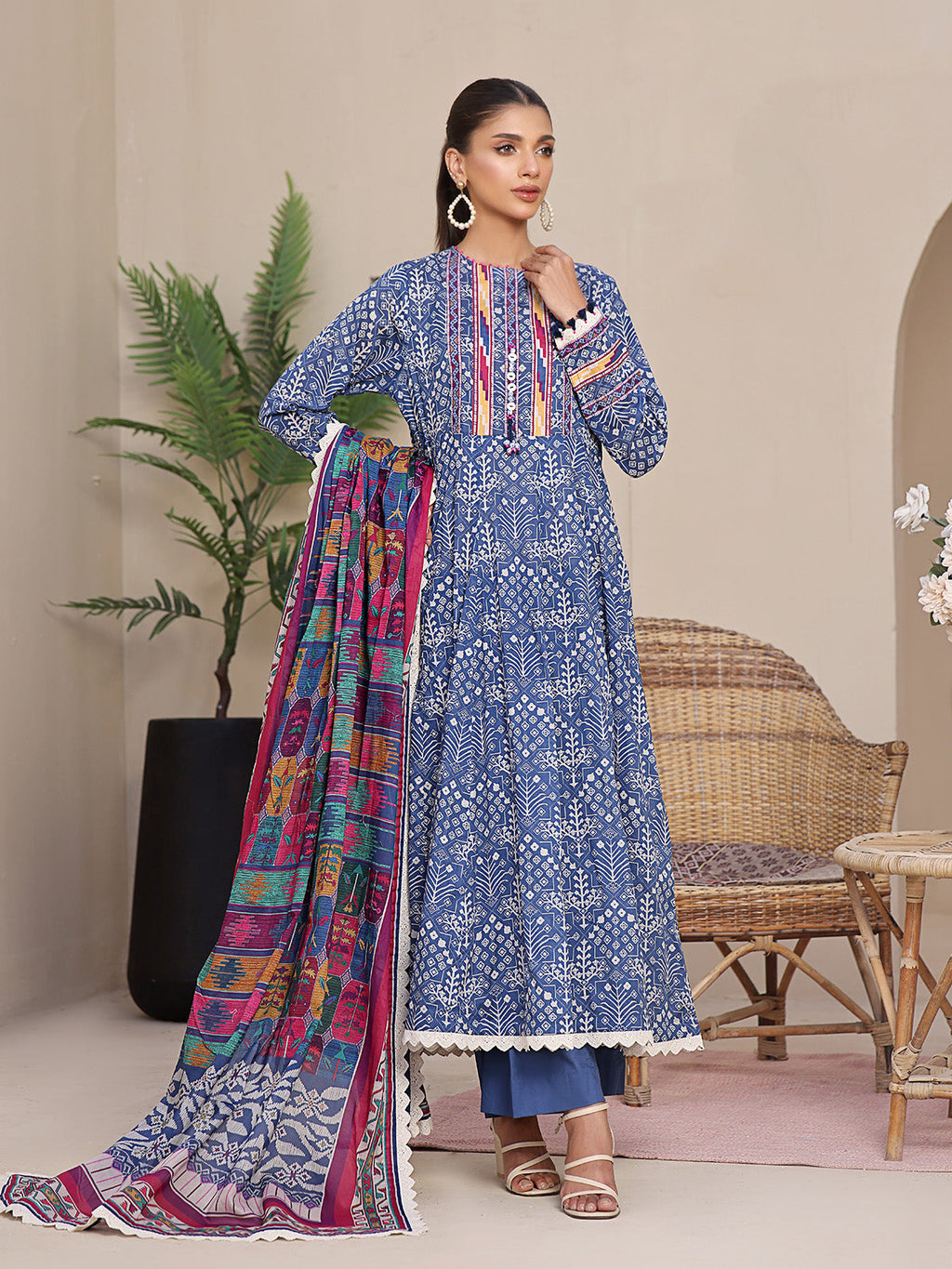 2Pc Printed Unstitched Lawn Blue - OL2P-6207-A