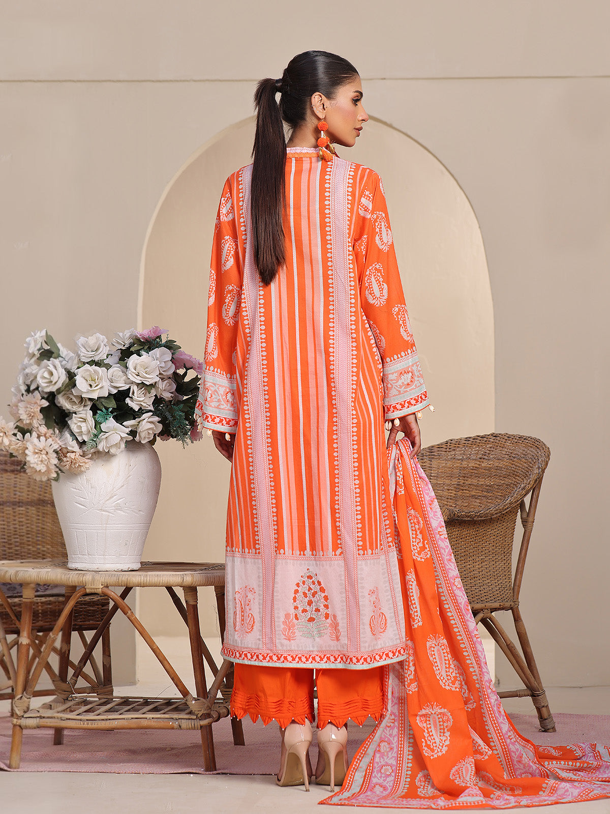 2Pc Printed Unstitched Lawn Orange - OL2P-6213-B