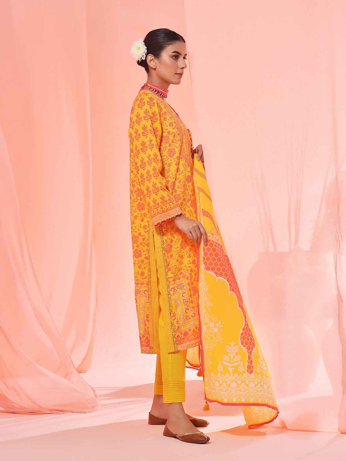 3Pc Printed Unstitched Lawn Yellow - OL3P-6151-A