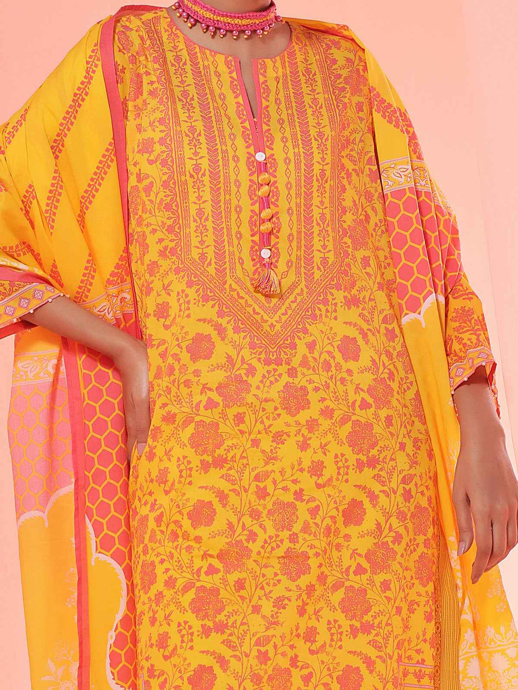 3Pc Printed Unstitched Lawn Yellow - OL3P-6151-A