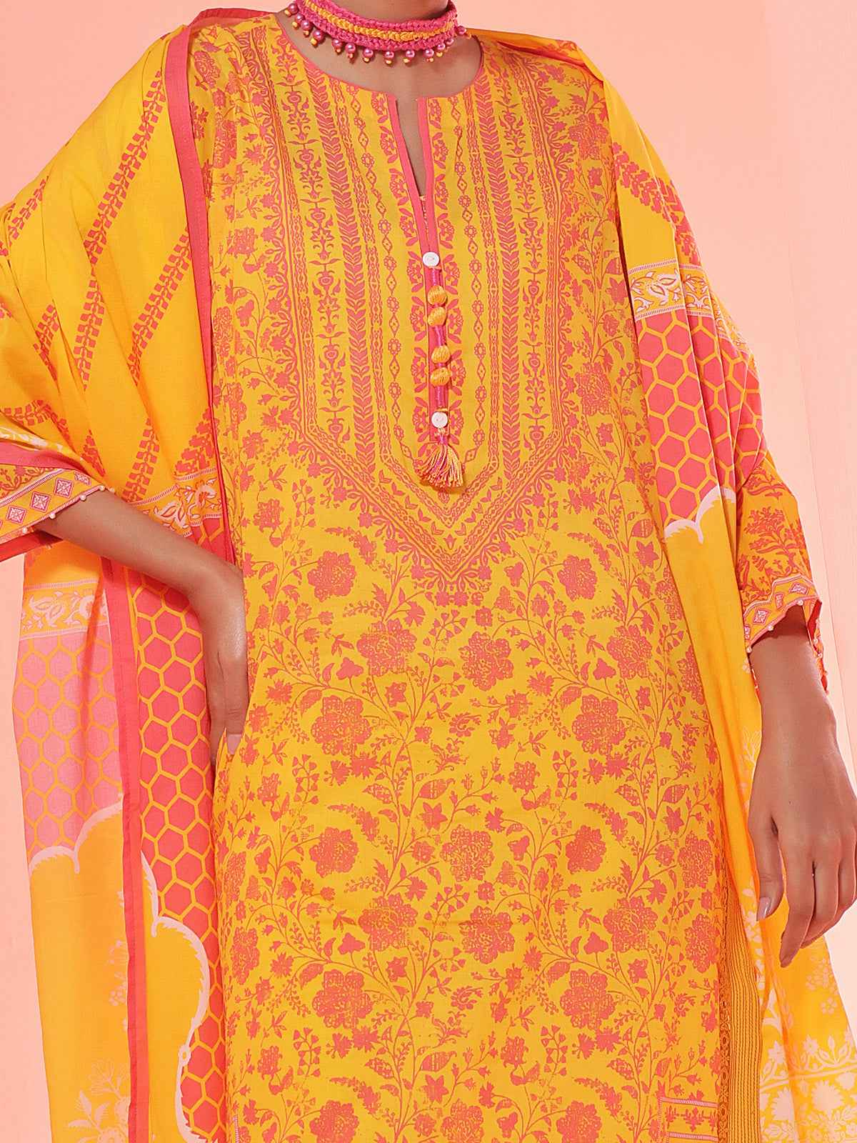 3Pc Printed Unstitched Lawn Yellow - OL3P-6151-A