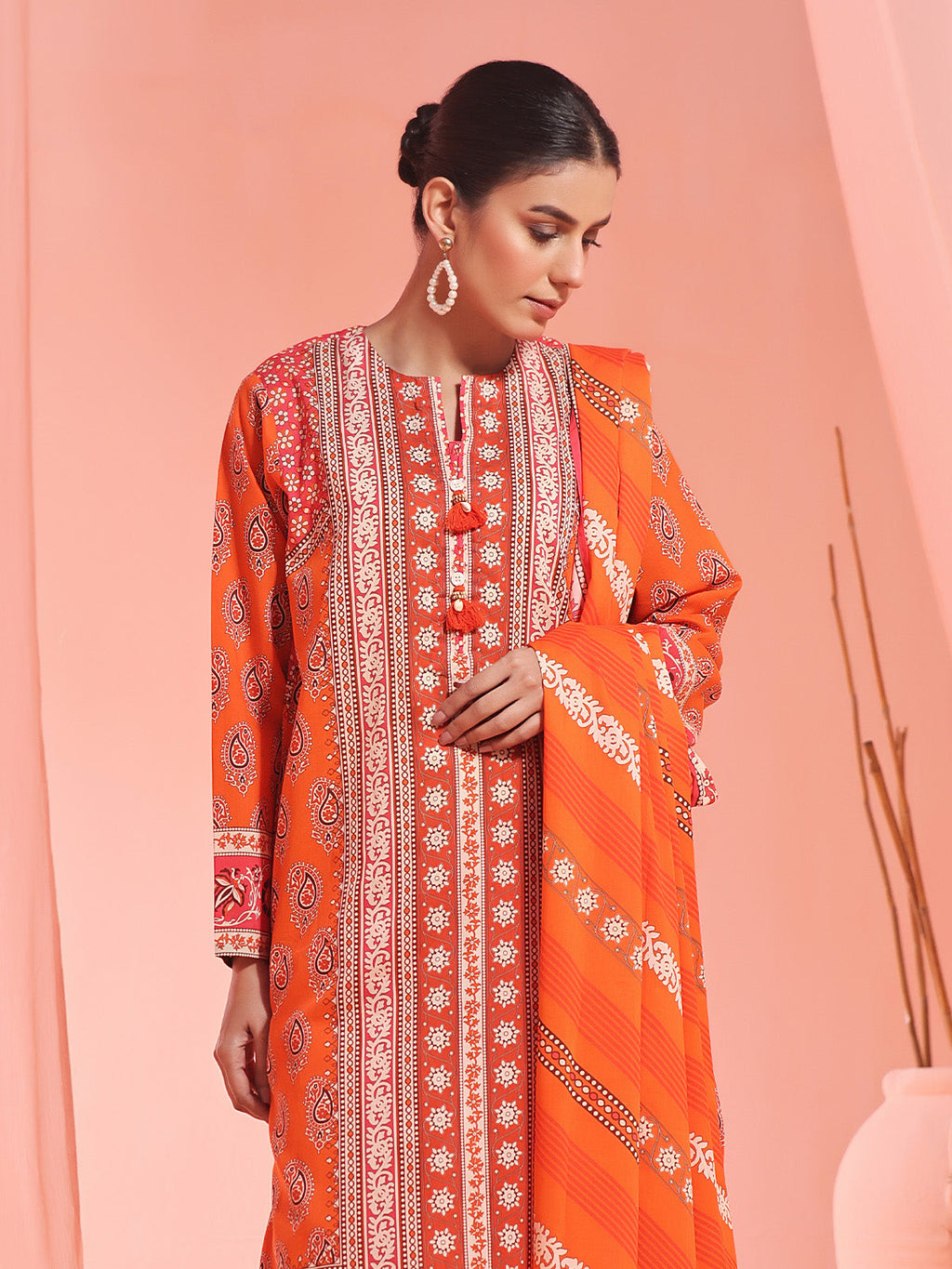 3Pc Printed Unstitched Lawn Orange - OL3P-6156-A