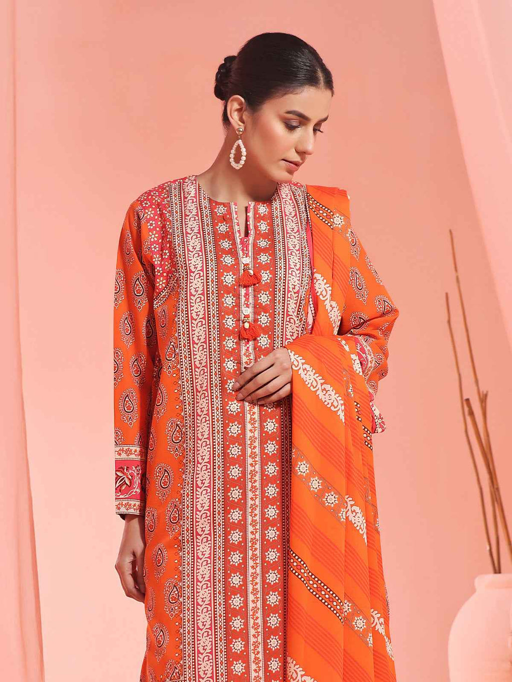3Pc Printed Unstitched Lawn Orange - OL3P-6156-A