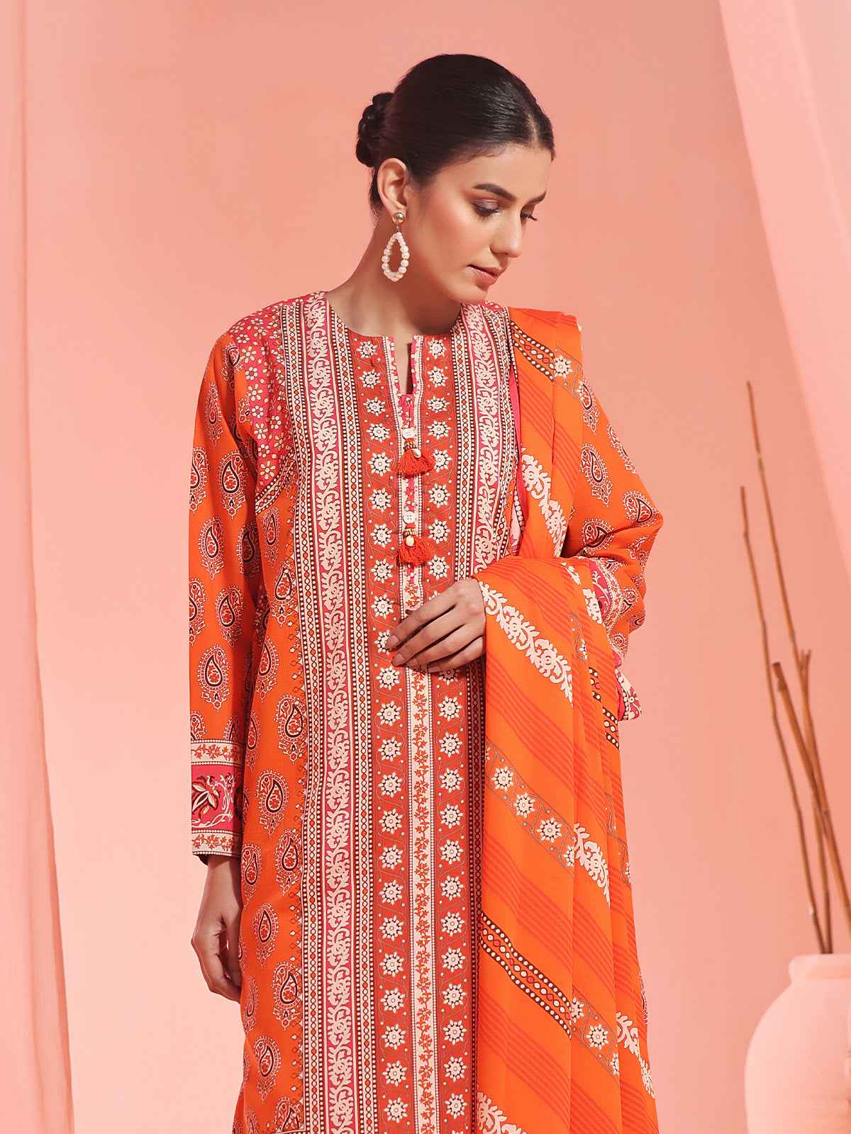3Pc Printed Unstitched Lawn Orange - OL3P-6156-A
