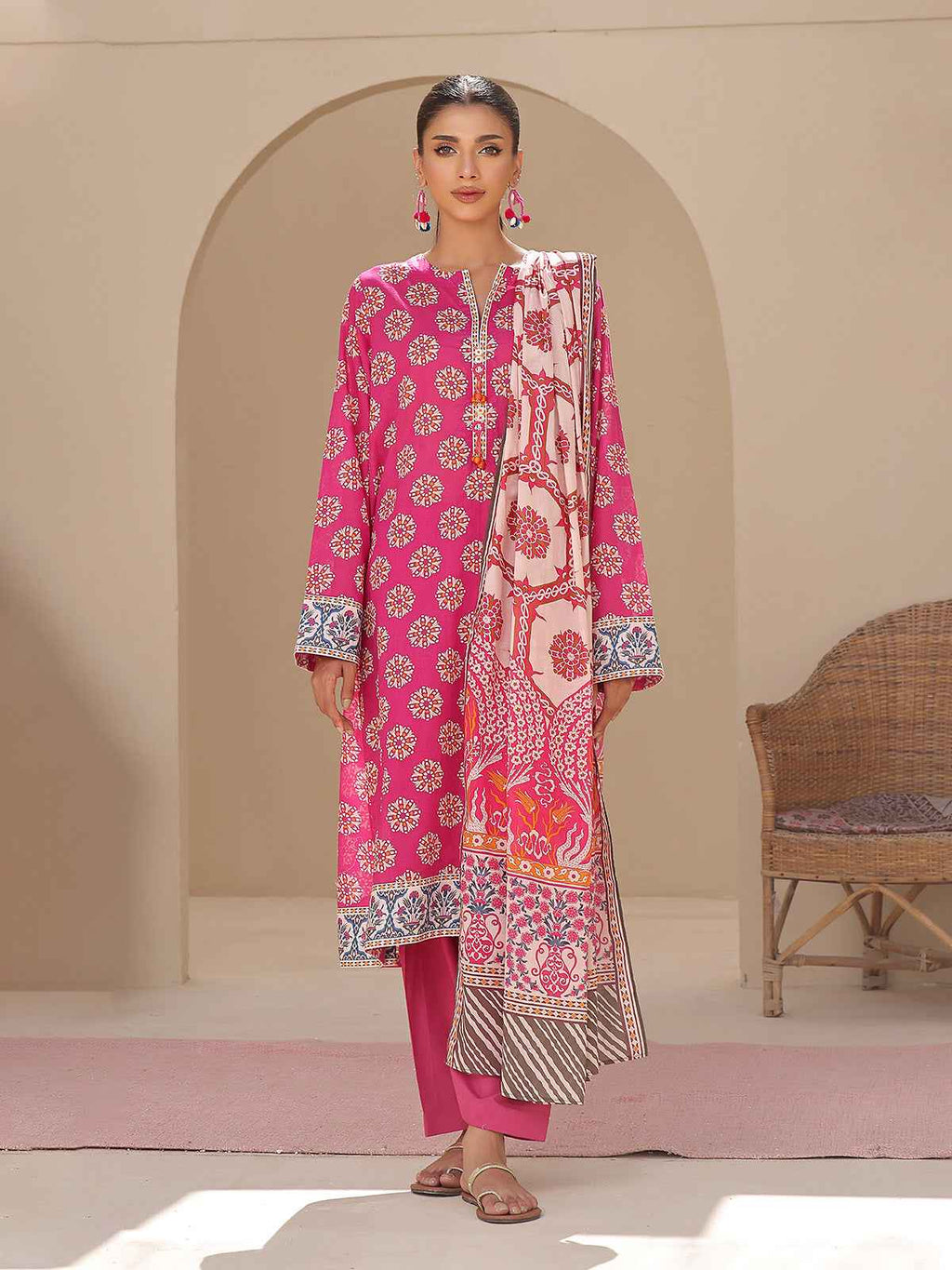 1Pc Printed Unstitched Kurti Lawn Pink - OLK-6194-A