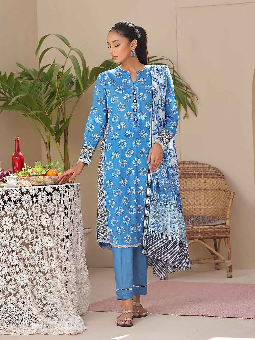 3Pc Printed Unstitched Lawn Blue - OL3P-6194-B-1