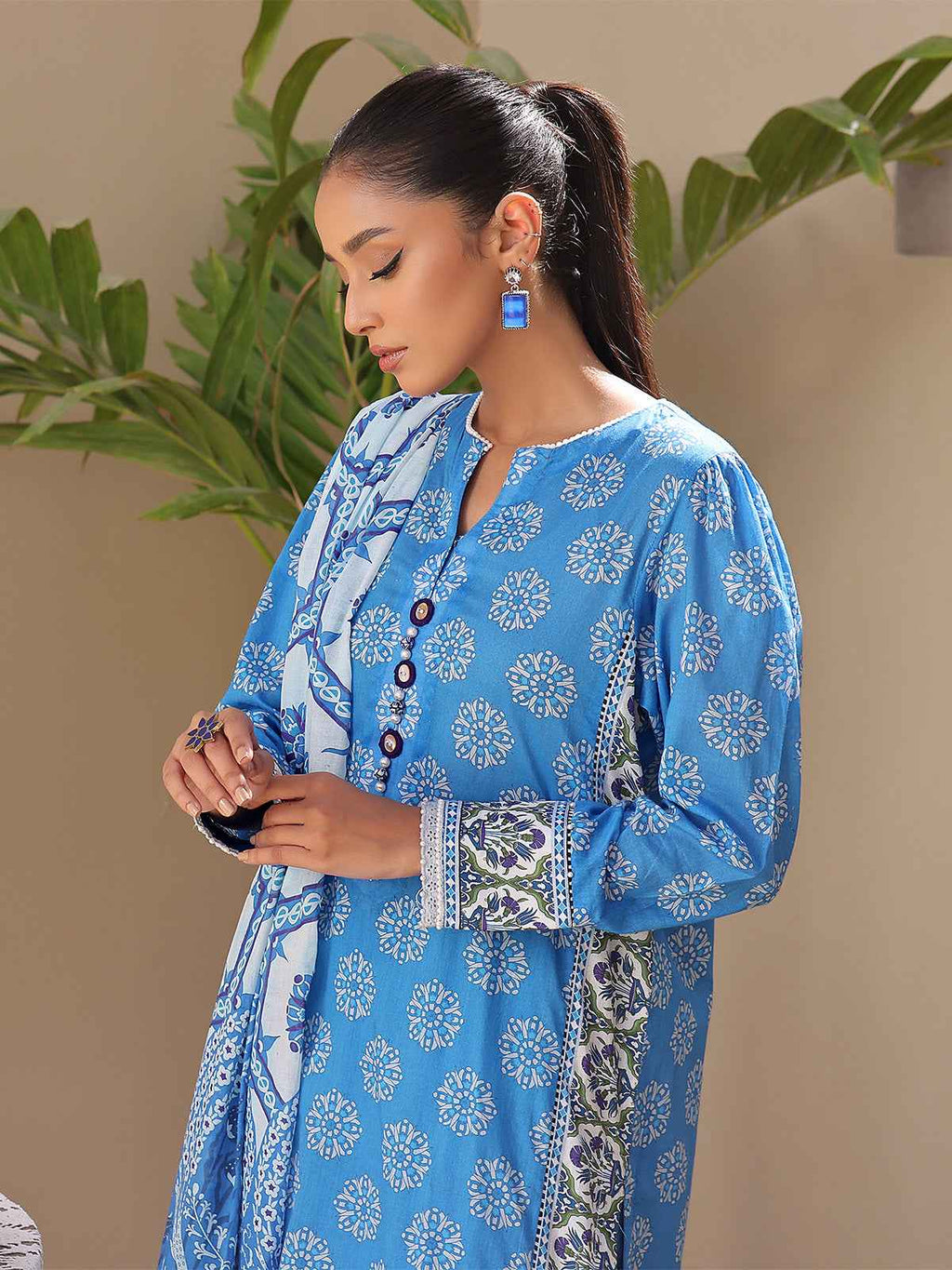 3Pc Printed Unstitched Lawn Blue - OL3P-6194-B-1