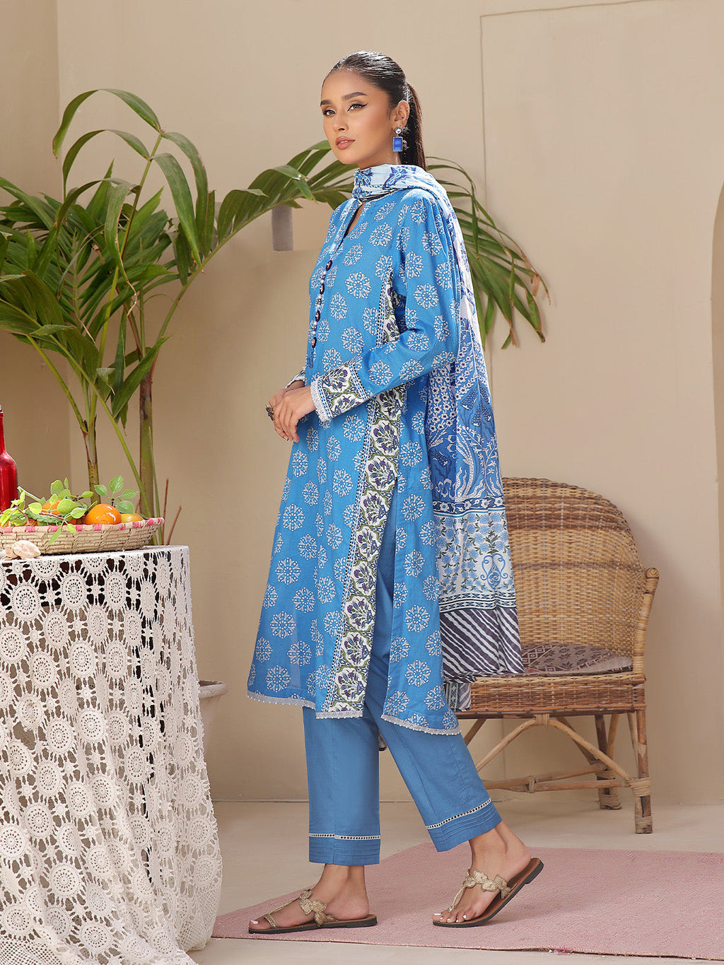 3Pc Printed Unstitched Lawn Blue - OL3P-6194-B-1
