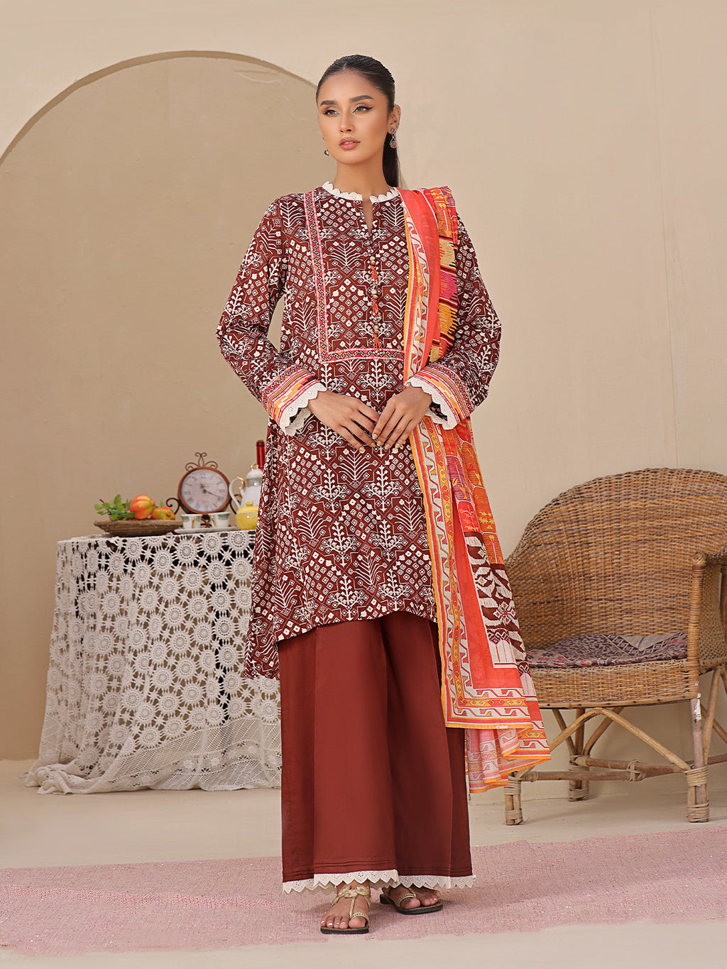 2Pc Printed Unstitched Lawn Brown - OL2P-6207-B