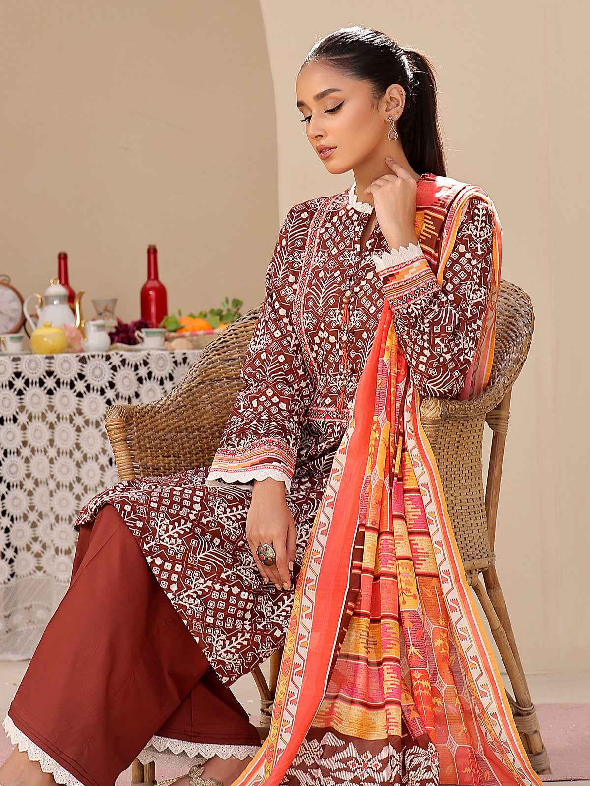 2Pc Printed Unstitched Lawn Brown - OL2P-6207-B