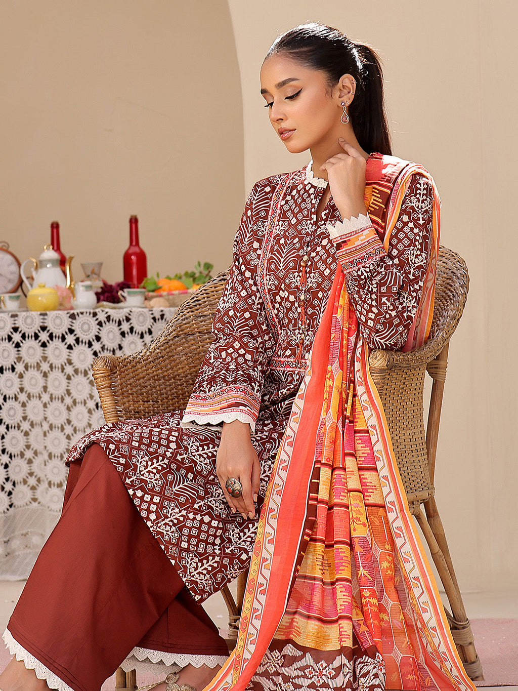 2Pc Printed Unstitched Lawn Brown - OL2P-6207-B