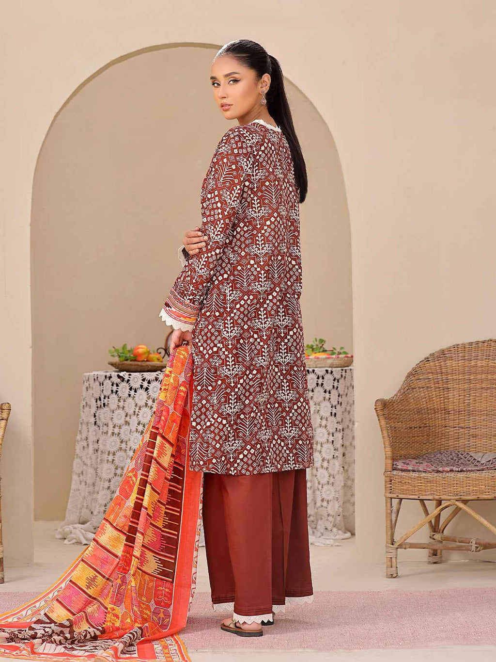 1Pc Printed Unstitched Kurti Lawn Brown - OLK-6207-B