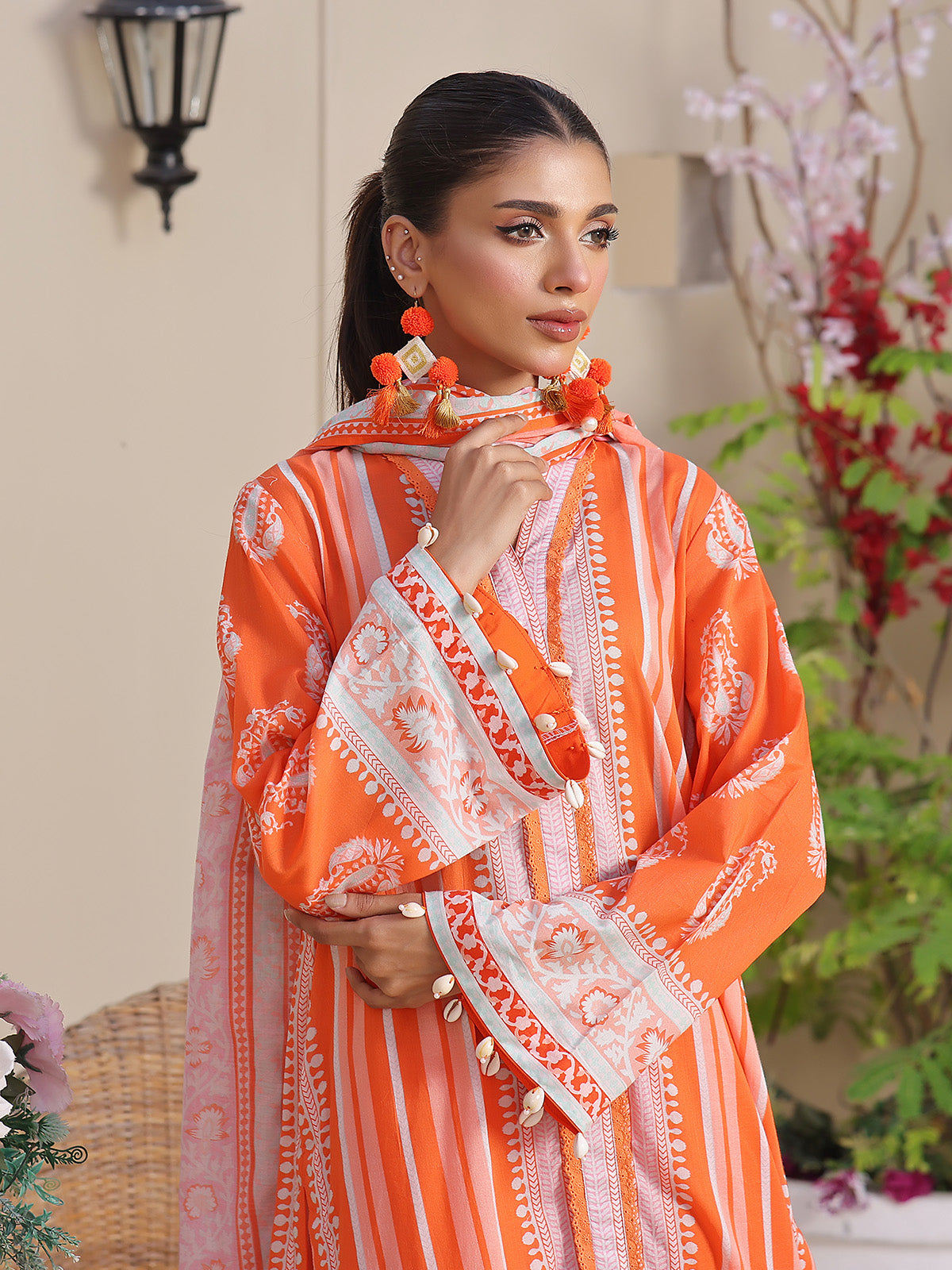 1Pc Printed Unstitched Kurti Lawn Orange - OLK-6213-B-1