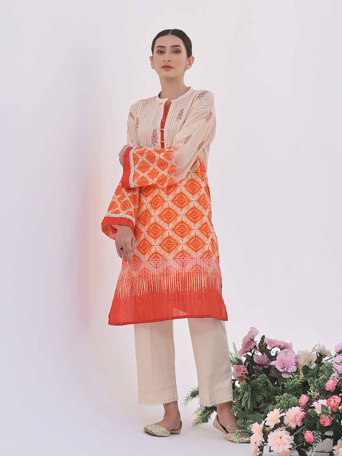 1Pc Printed Unstitched Lawn Orange - OLK-6132-B