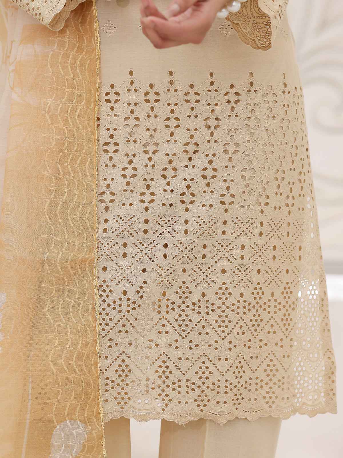 3Pc ChickenKaari Unstitched Suit Lawn Beige - OCBL3P-6432-A