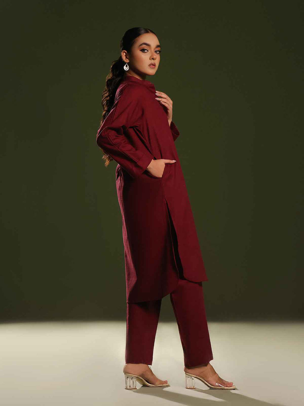 2Pc Solid Pret Shirt Trouser Khaddar Maroon - OW2P-2408032