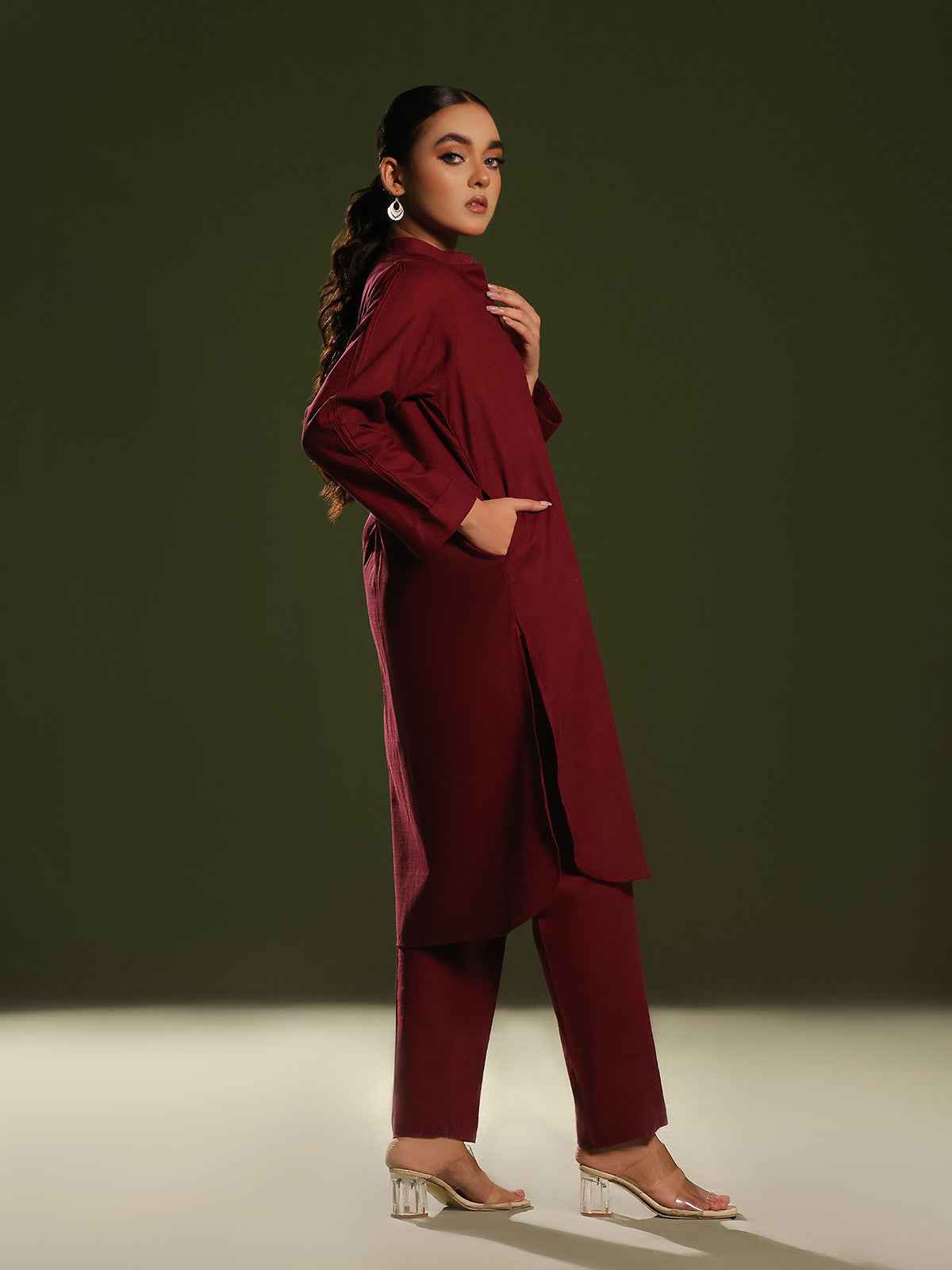 2Pc Solid Pret Shirt Trouser Khaddar Maroon - OW2P-2408032