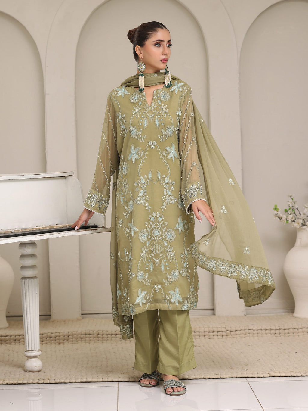3Pc Embroidered Pret Suit Dyed Chiffon Green - OWE3P-2405008