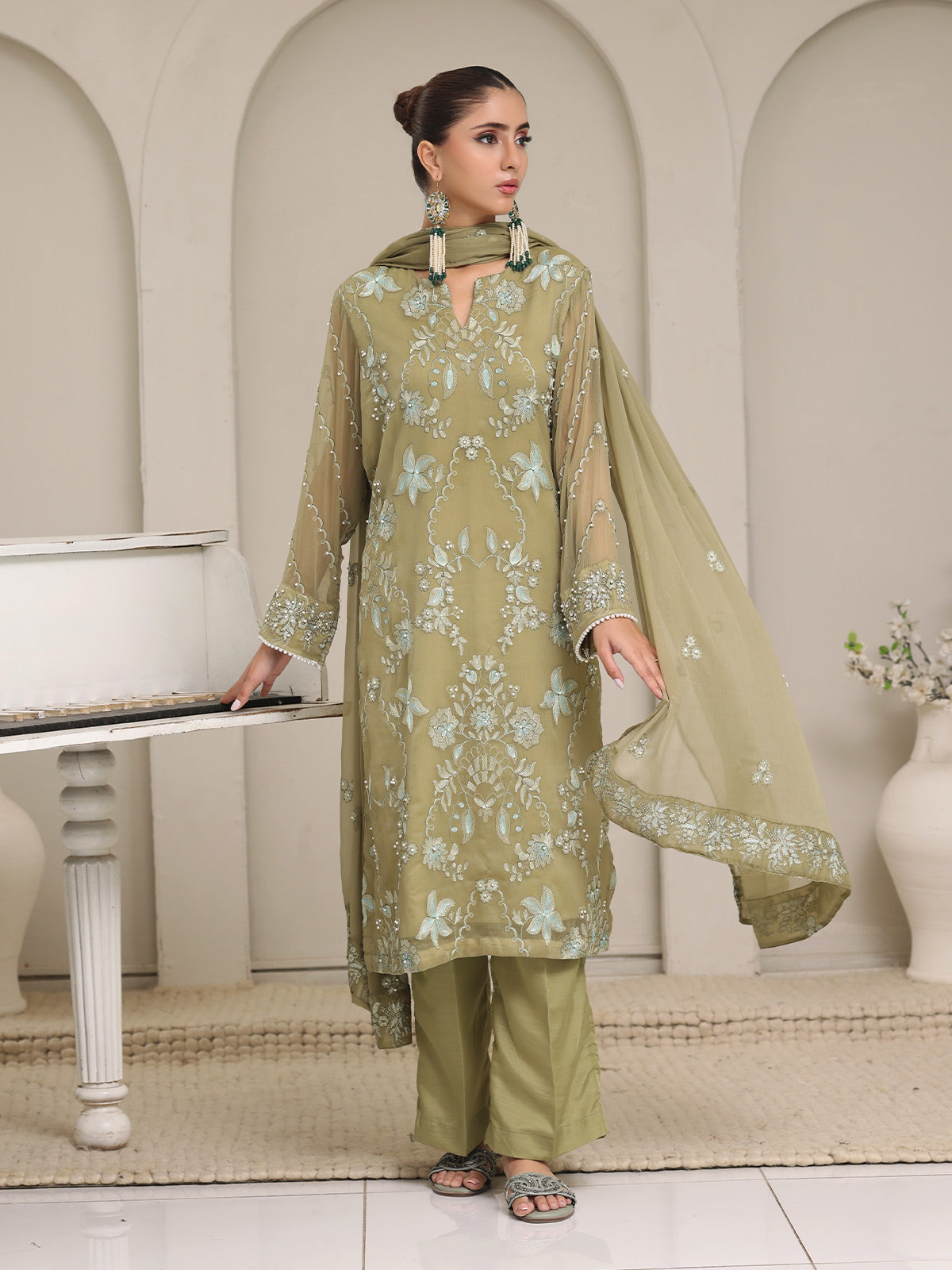 3Pc Embroidered Pret Suit Dyed Chiffon Green - OWE3P-2405008