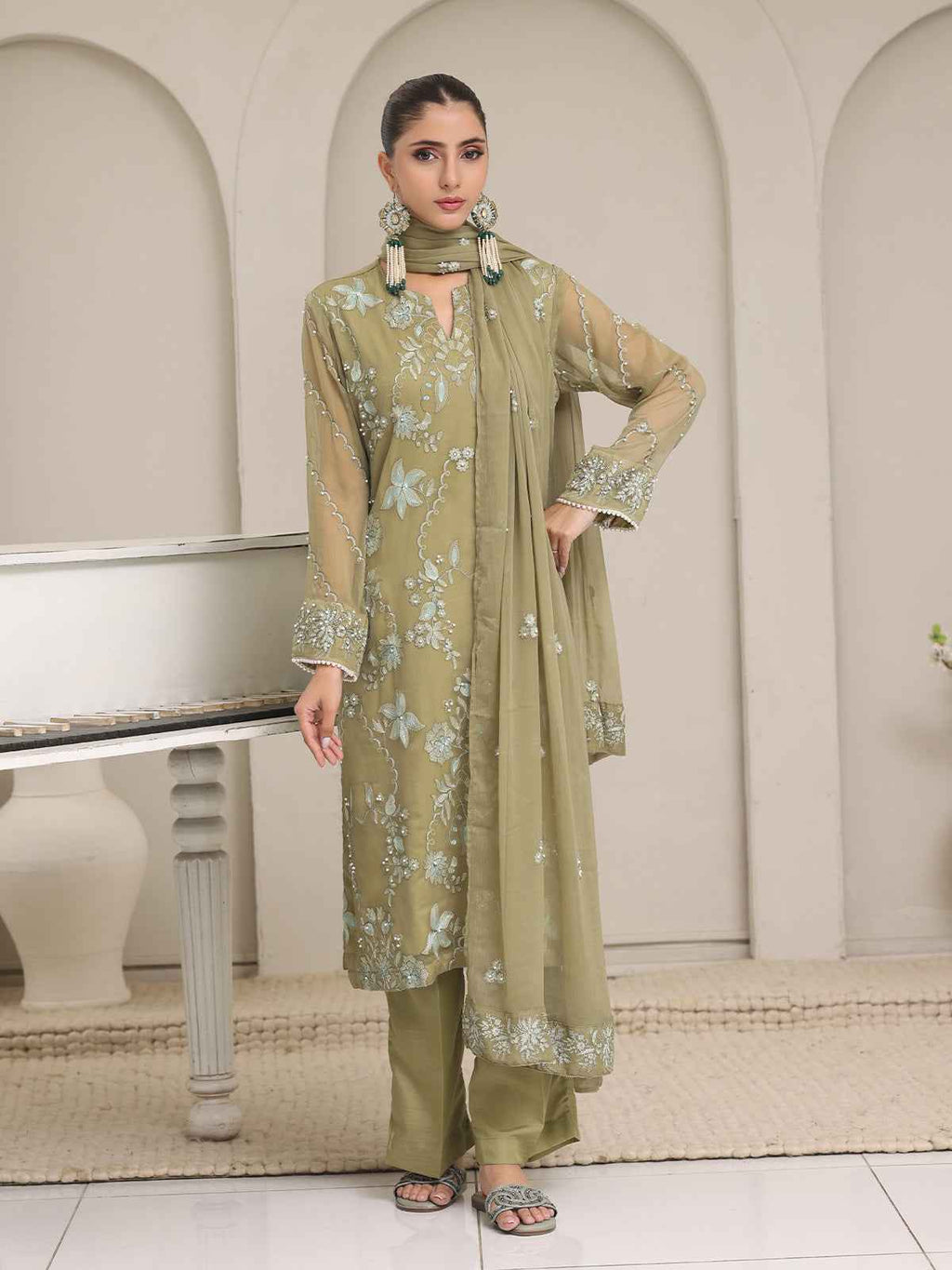 3Pc Embroidered Pret Suit Dyed Chiffon Green - OWE3P-2405008