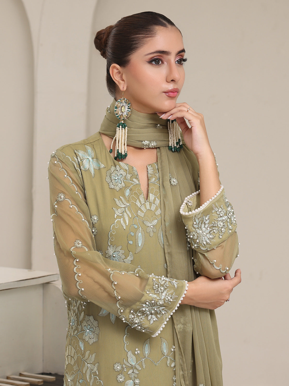 3Pc Embroidered Pret Suit Dyed Chiffon Green - OWE3P-2405008