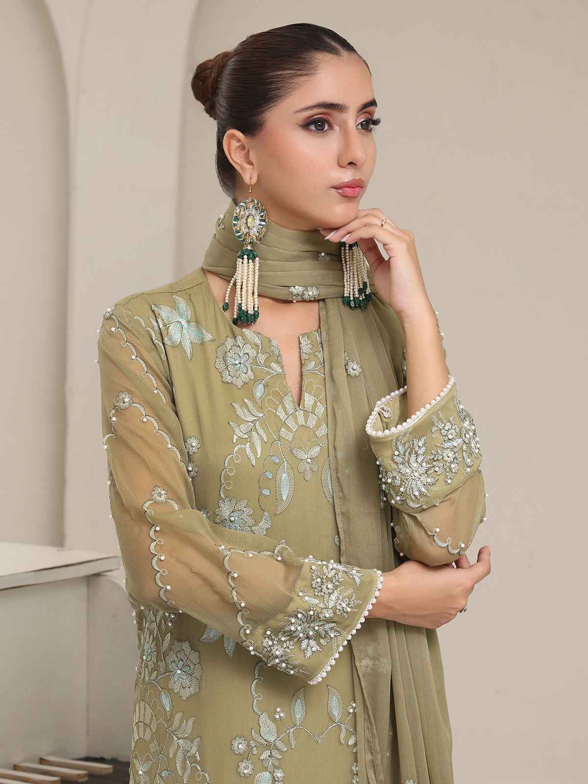 3Pc Embroidered Pret Suit Dyed Chiffon Green - OWE3P-2405008