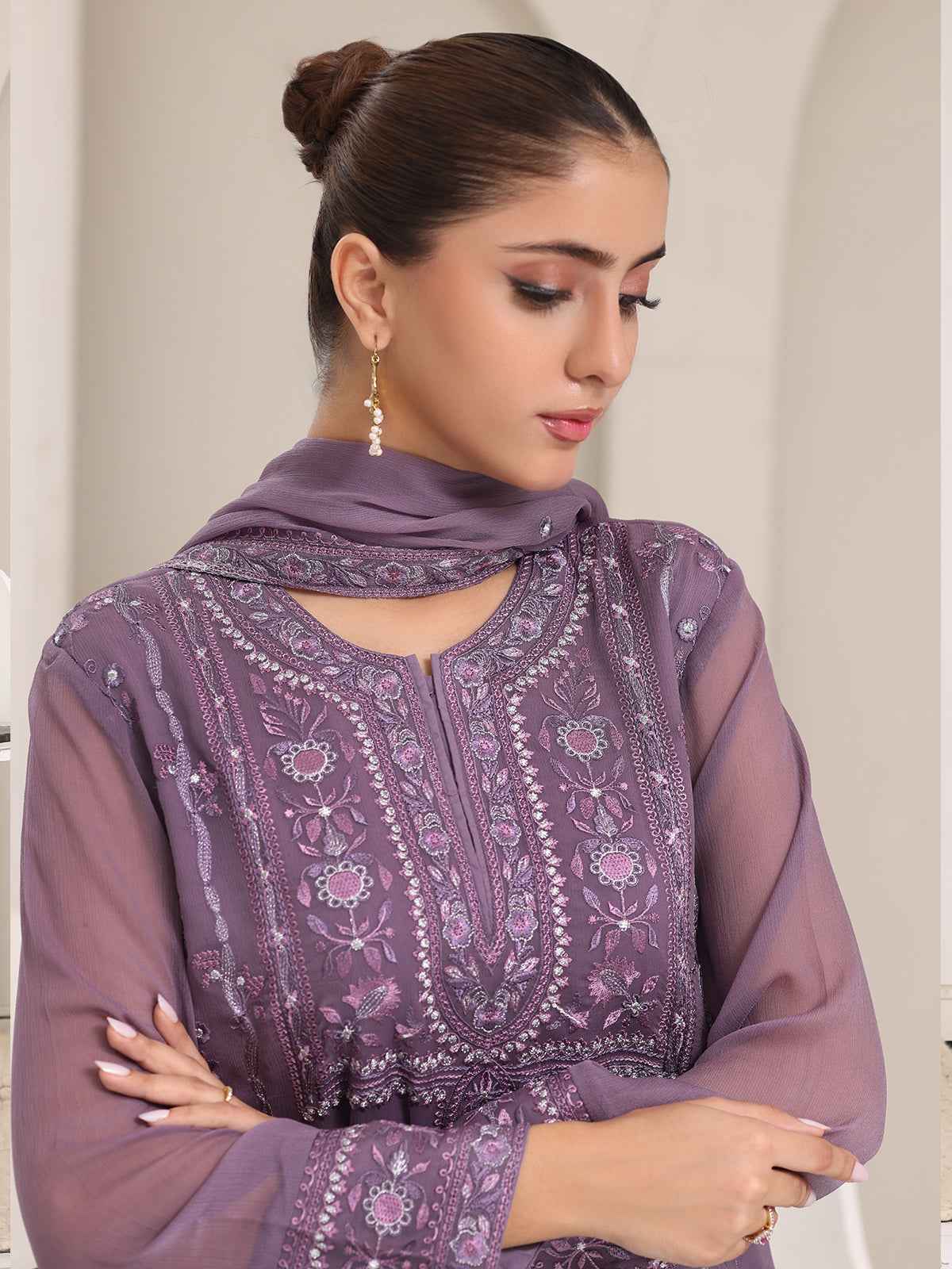 3Pc Embroidered Pret Suit Dyed Chiffon Purple - OWE3P-2405009