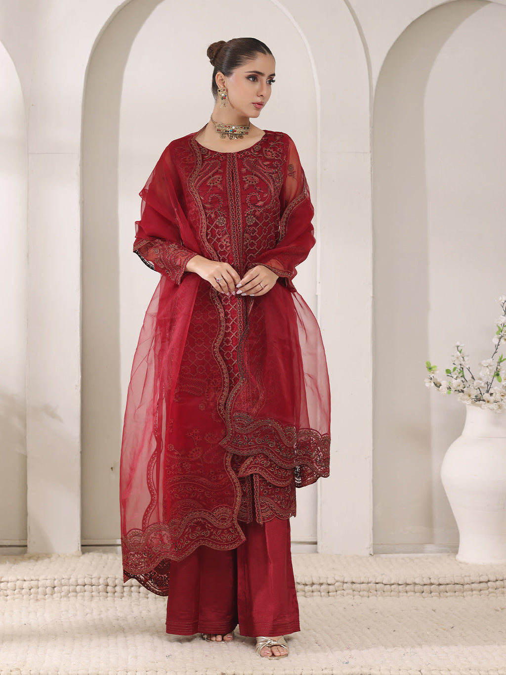 3Pc Embroidered Pret Suit Organza Maroon - OWE3P-2405010