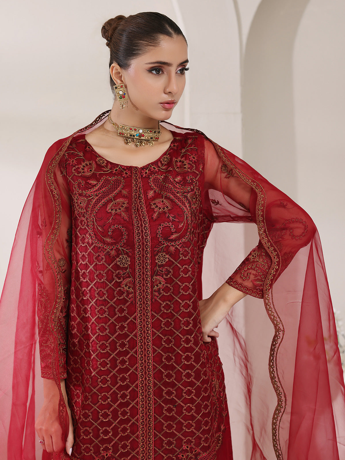 2Pc Embroidered Pret Shirt Trouser Organza Maroon - OWE2P-2405010