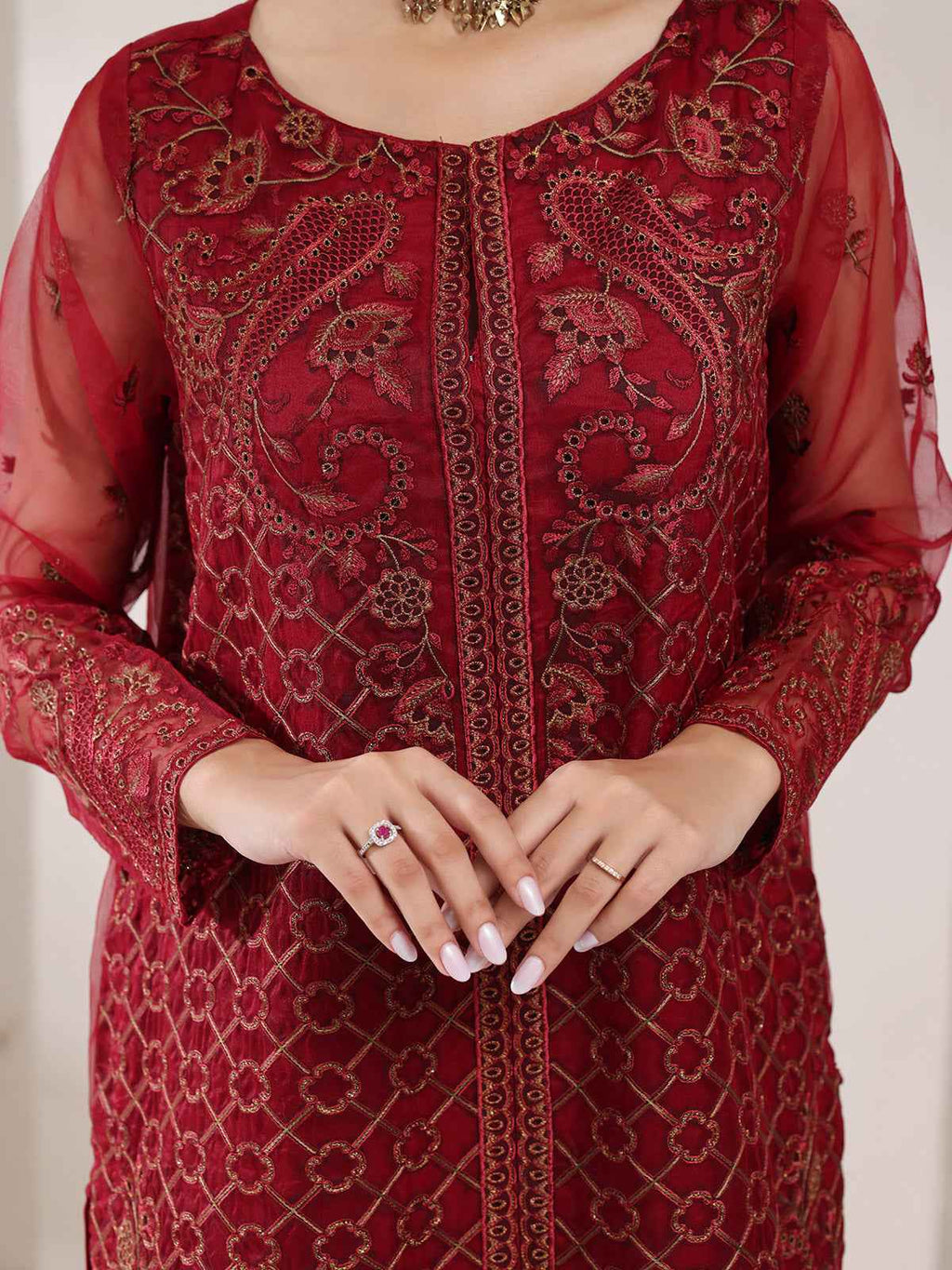 3Pc Embroidered Pret Suit Organza Maroon - OWE3P-2405010