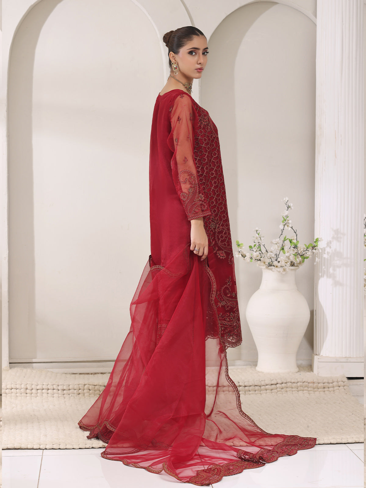 2Pc Embroidered Pret Shirt Trouser Organza Maroon - OWE2P-2405010