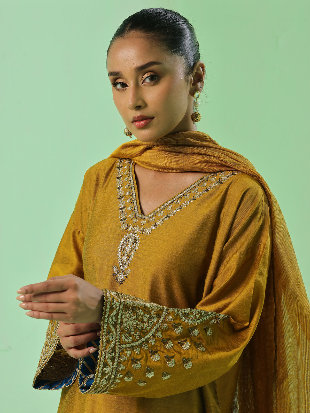 3Pc Embroidered Pret Suit Cotton Silk Mustard - OWE3P-2410008