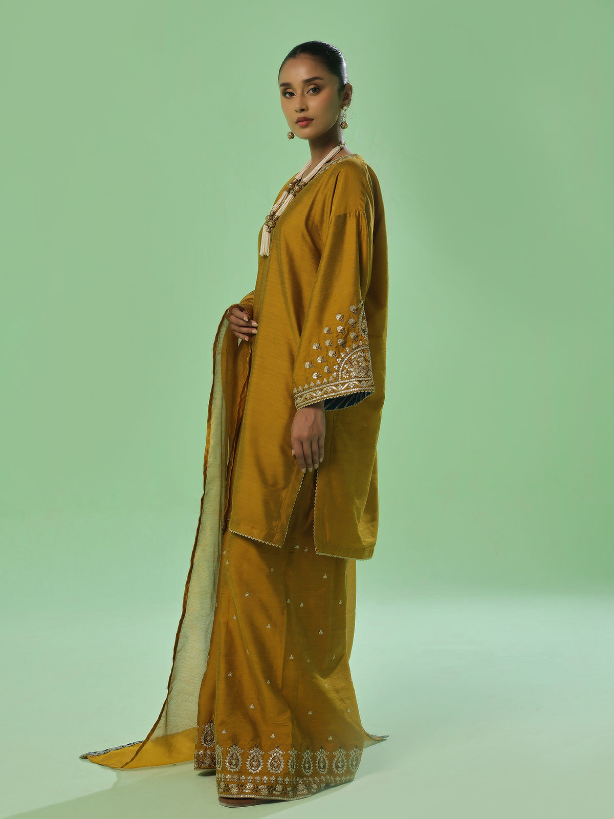 3Pc Embroidered Pret Suit Cotton Silk Mustard - OWE3P-2410008
