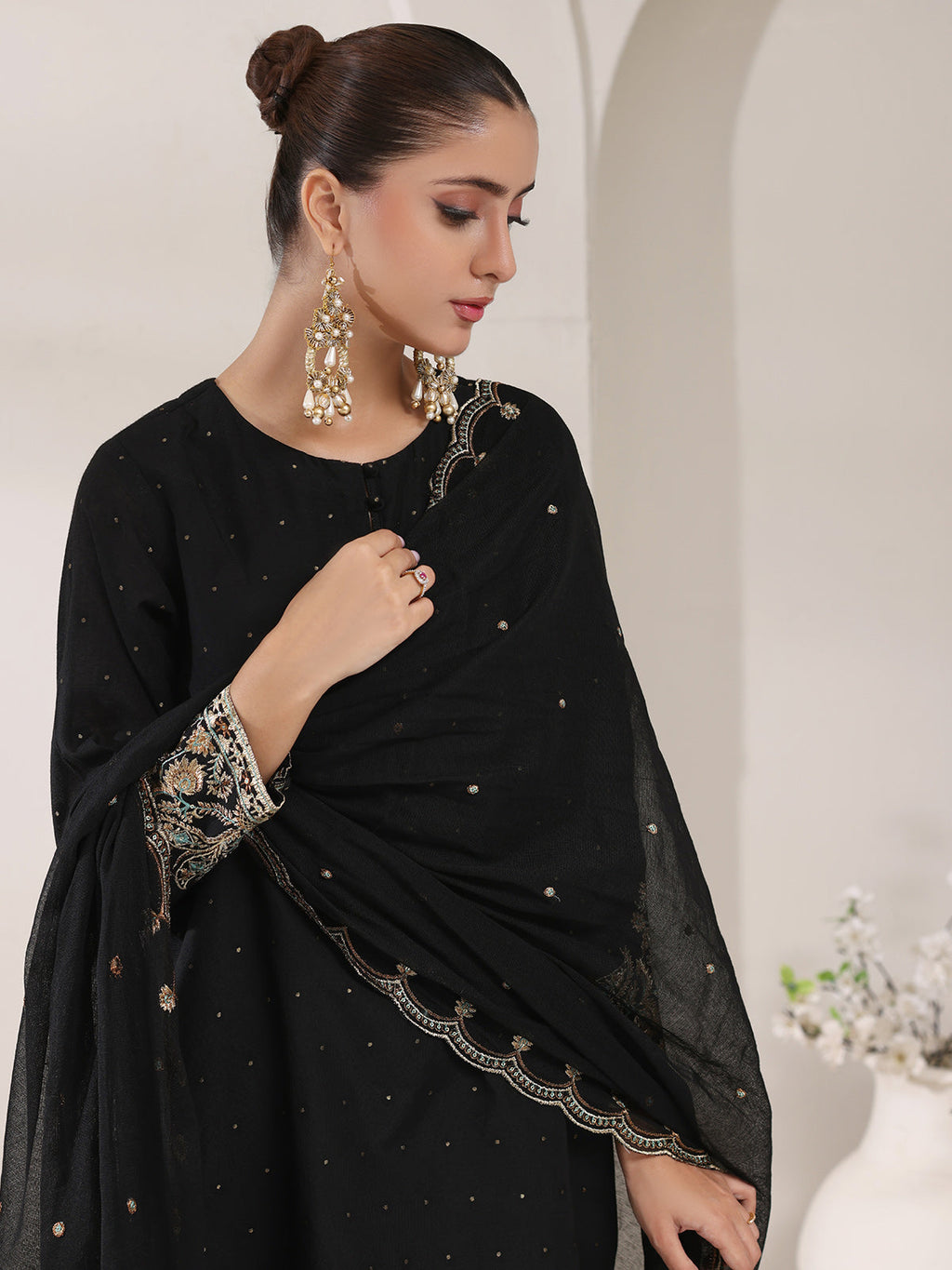 3Pc Embroidered Pret Suit Cotton Net Jacquard Black - OWE3P-2410010