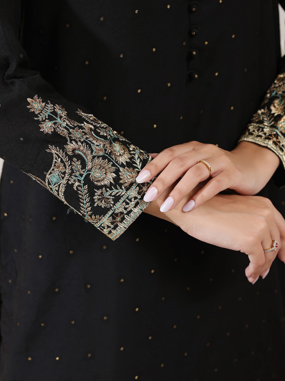 3Pc Embroidered Pret Suit Cotton Net Jacquard Black - OWE3P-2410010