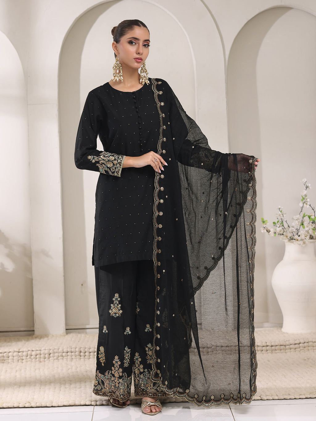 2Pc Embroidered Pret Shirt Trouser Cotton Net Jacquard Black - OWE2P-2410010