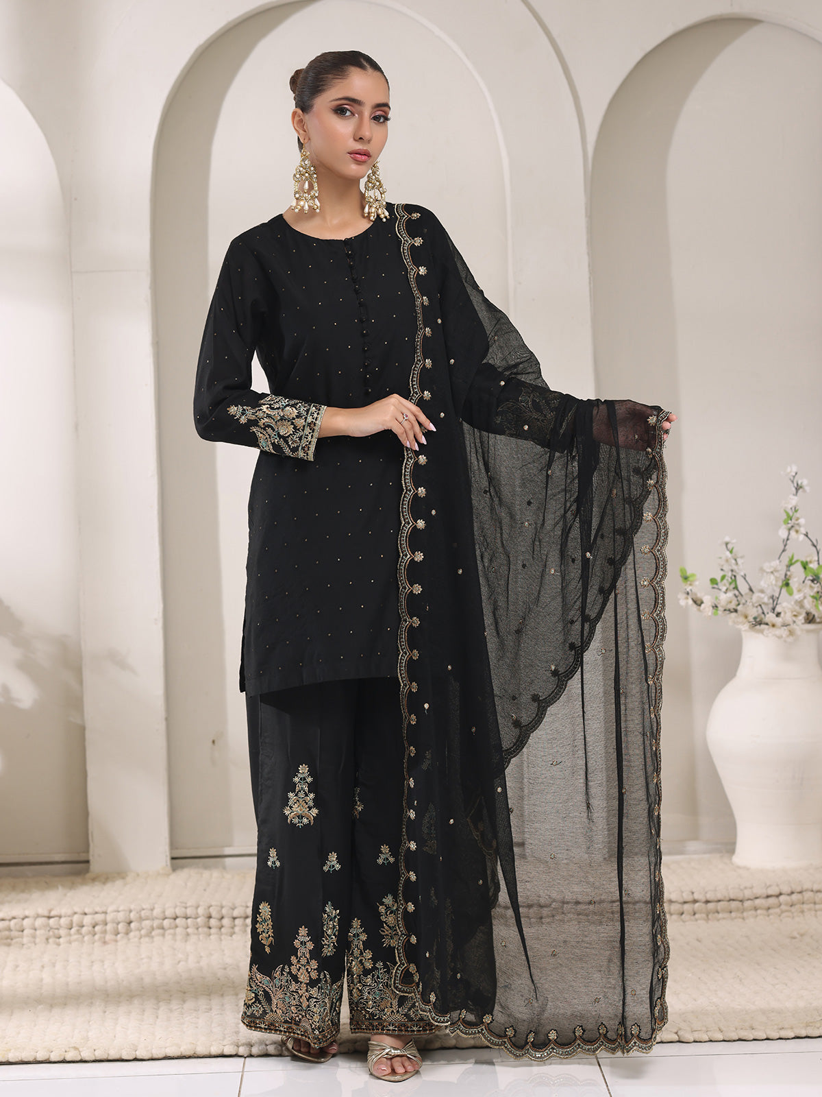 2Pc Embroidered Pret Shirt Trouser Cotton Net Jacquard Black - OWE2P-2410010