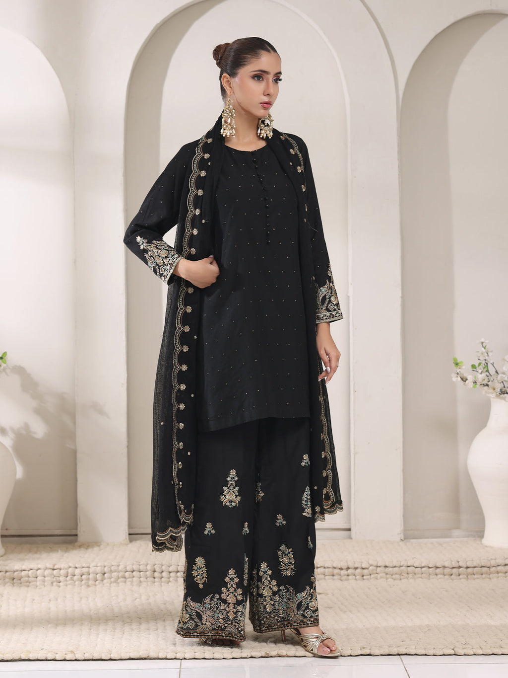 3Pc Embroidered Pret Suit Cotton Net Jacquard Black - OWE3P-2410010