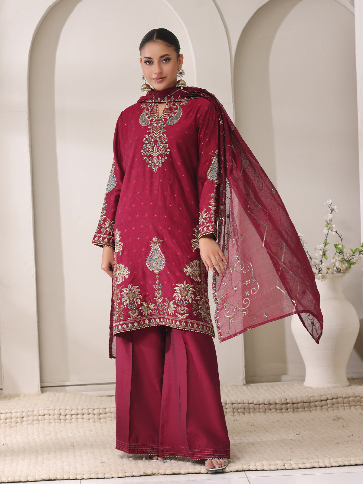 3Pc Embroidered Pret Suit Cotton Net Jacquard Magenta - OWE3P-2410012