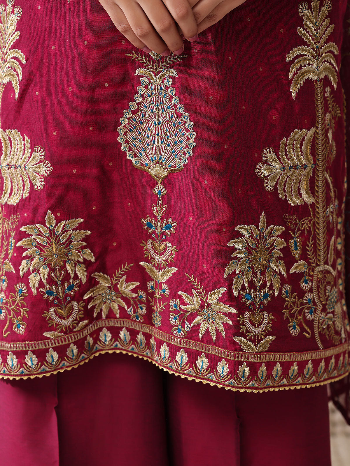 3Pc Embroidered Pret Suit Cotton Net Jacquard Magenta - OWE3P-2410012