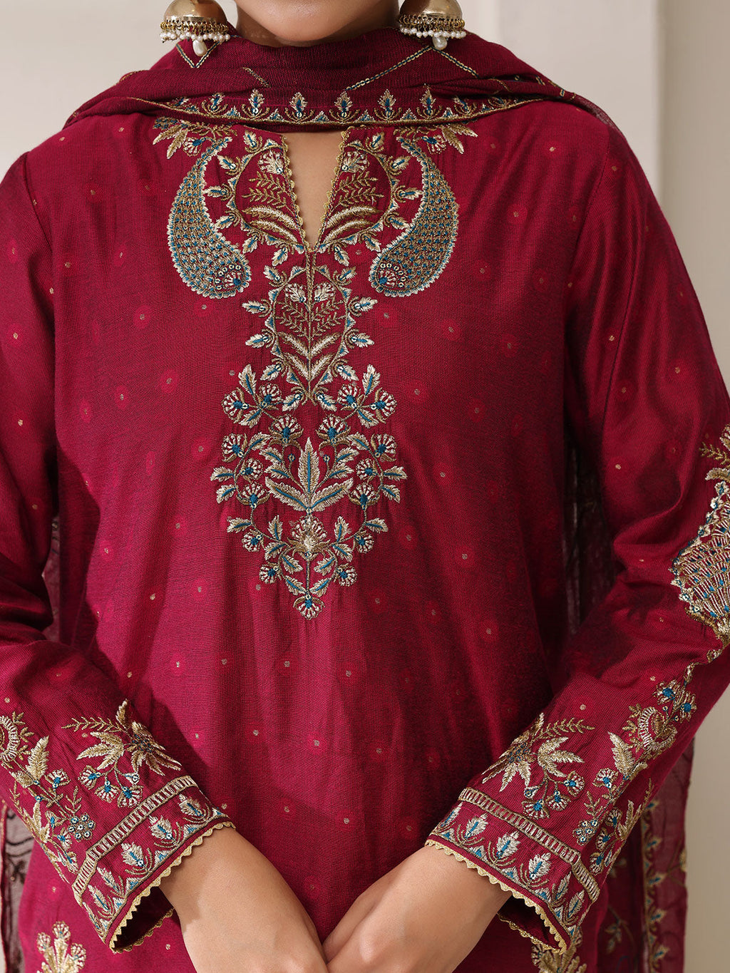 2Pc Embroidered Pret Shirt Dupatta Cotton Net Jacquard Magenta - OWE2P-2410012