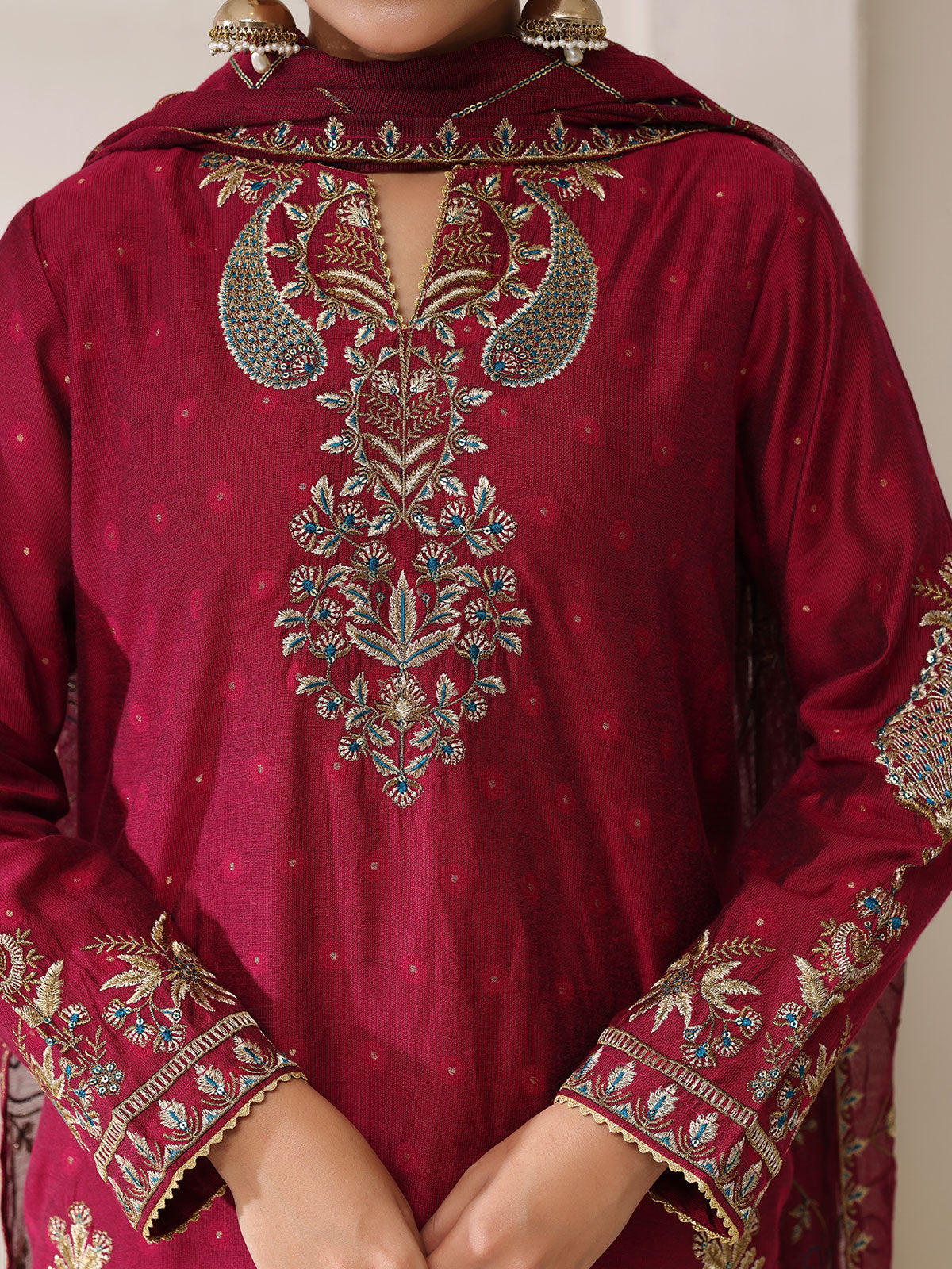 2Pc Embroidered Pret Shirt Dupatta Cotton Net Jacquard Magenta - OWE2P-2410012