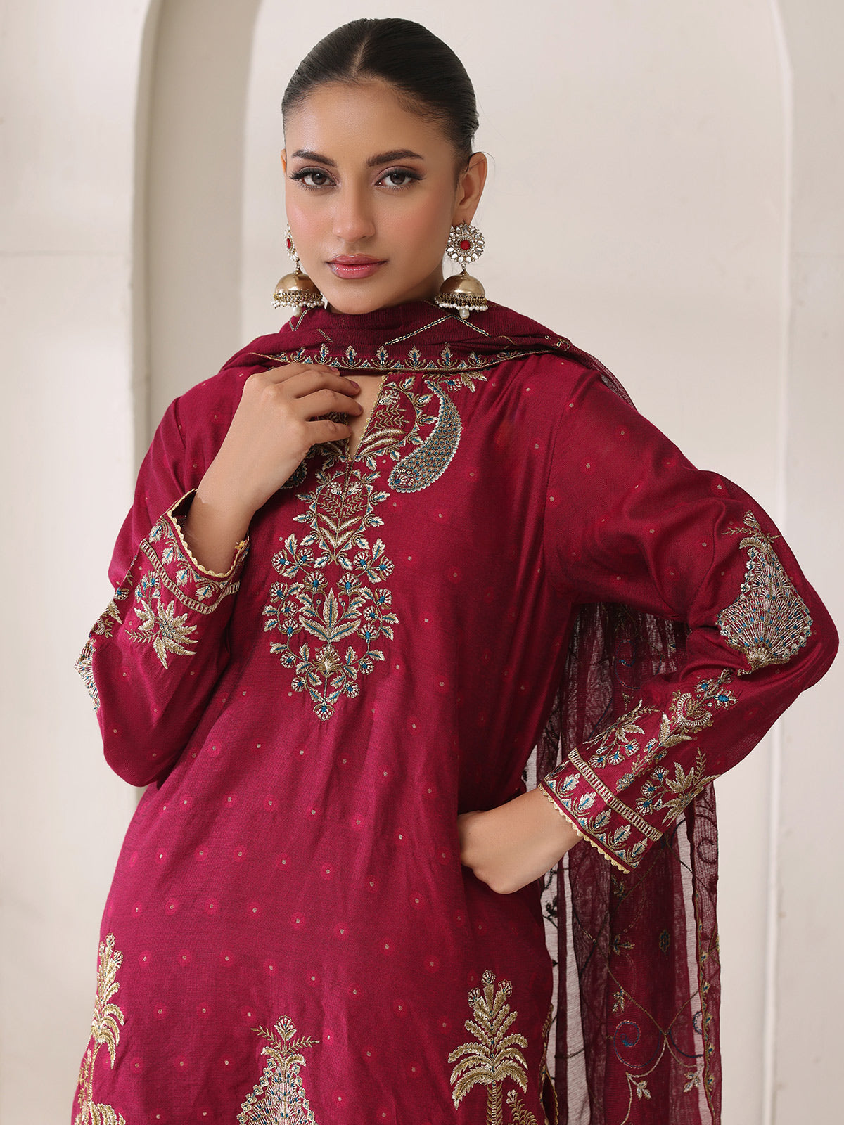 3Pc Embroidered Pret Suit Cotton Net Jacquard Magenta - OWE3P-2410012