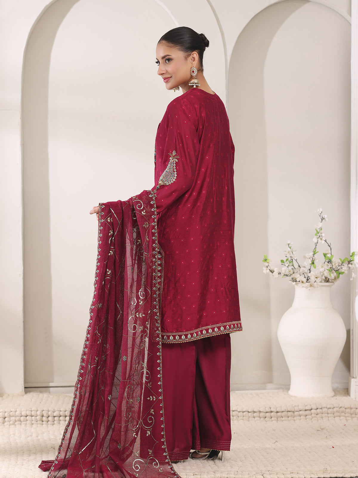 2Pc Embroidered Pret Shirt Dupatta Cotton Net Jacquard Magenta - OWE2P-2410012