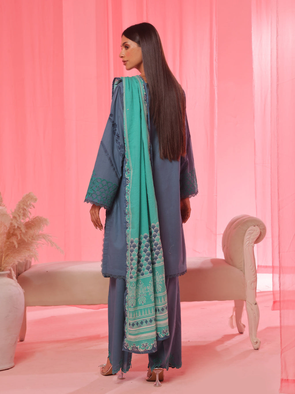2Pc Embroidered Pret Shirt Trouser Dyed Cambric Blue - OWE2P-2503002