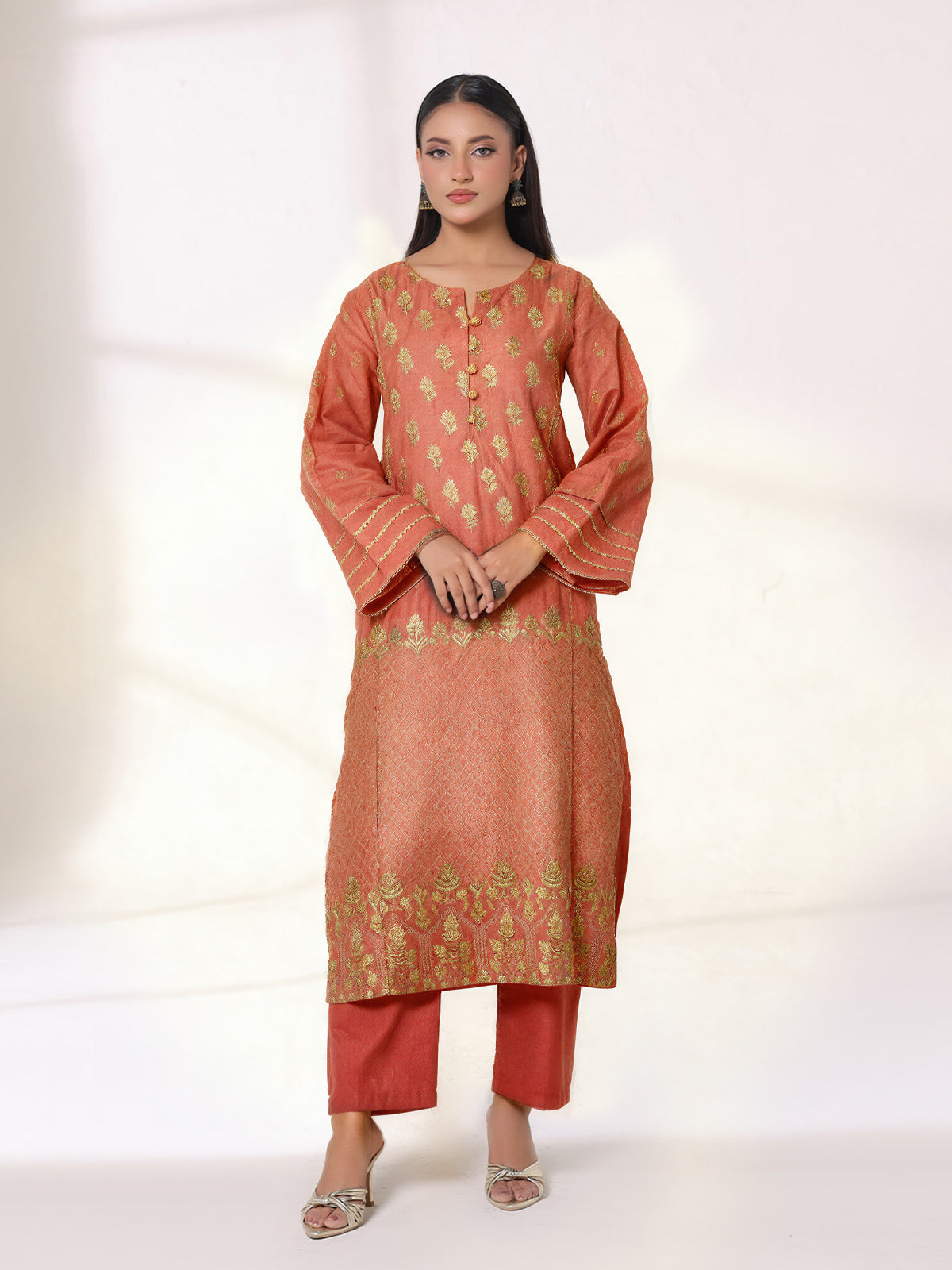 1Pc Embroidered Pret Kurti Cotton Net Orange - OWEKTG-25080