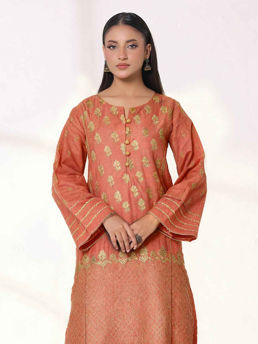1Pc Embroidered Pret Kurti Cotton Net Orange - OWEKTG-25080