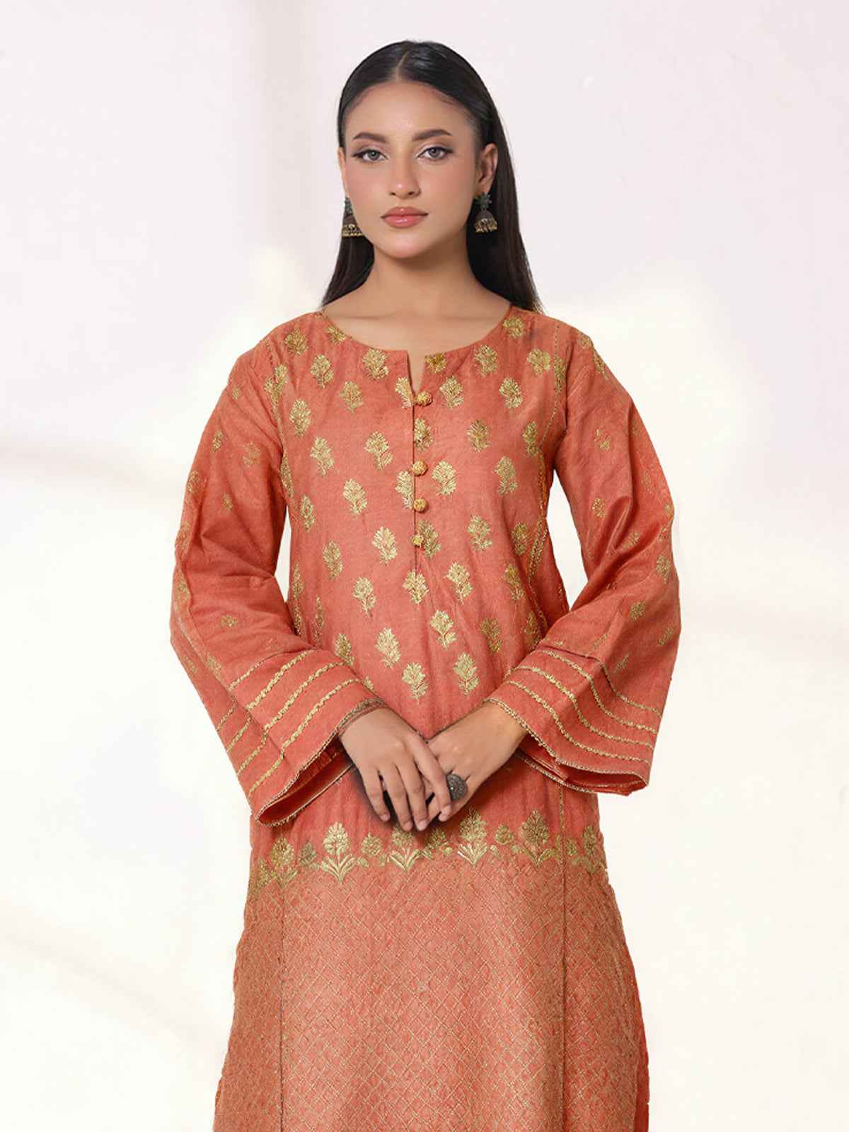 1Pc Embroidered Pret Kurti Cotton Net Orange - OWEKTG-25080