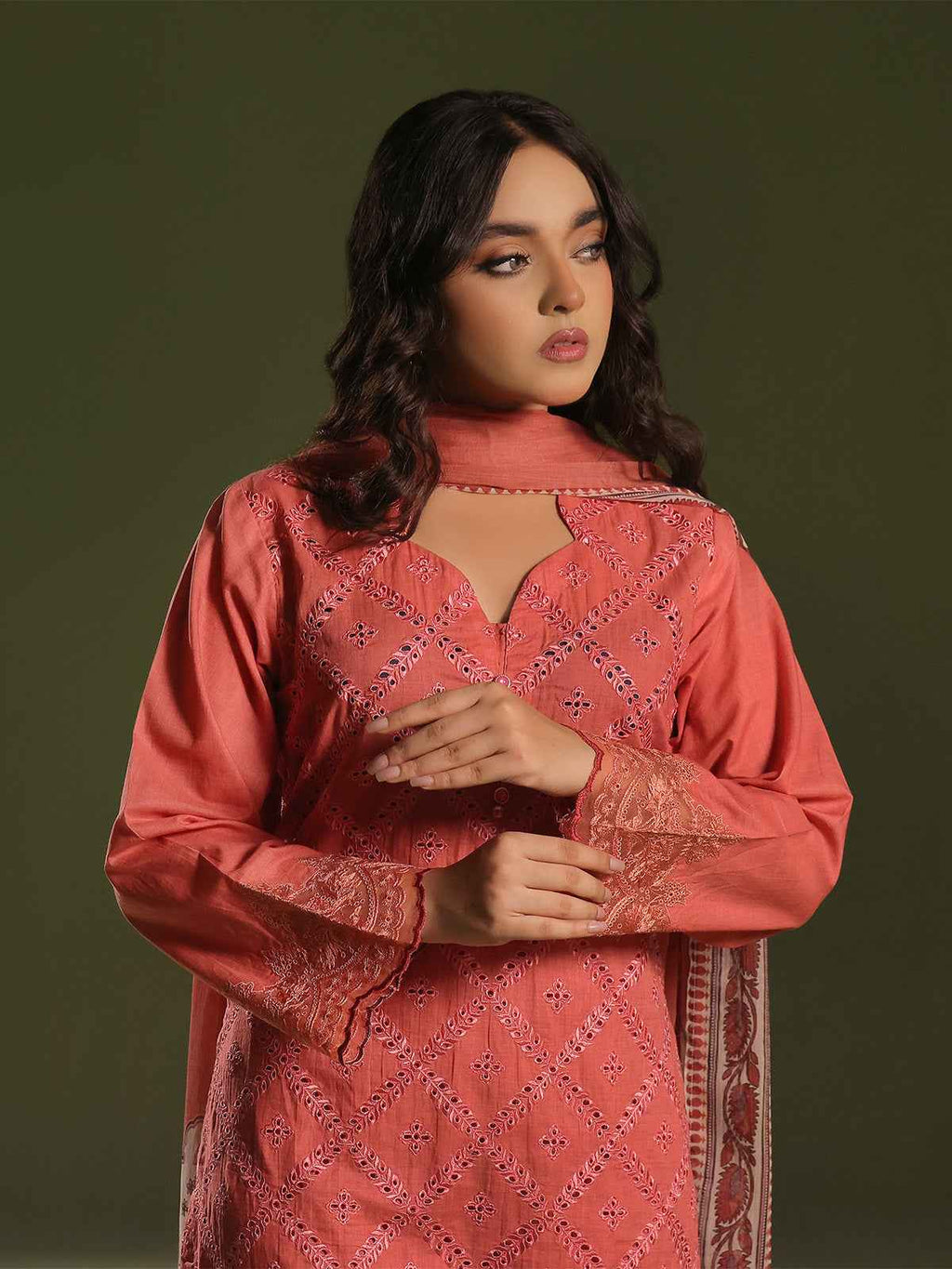 3Pc Embroidered Pret Suit Cambric Orange - OWE3P-2411011
