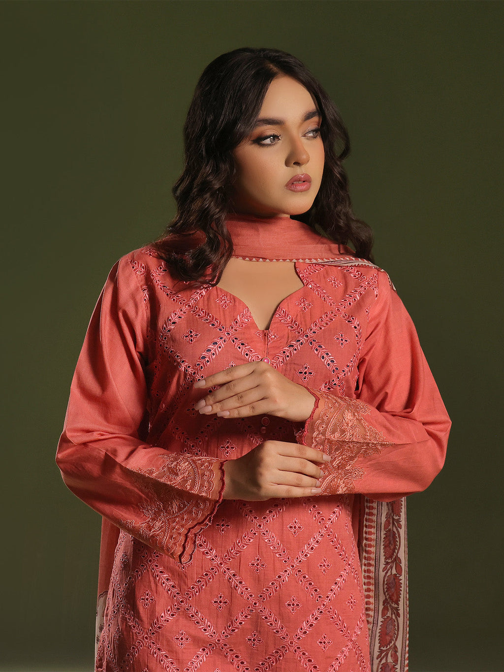 3Pc Embroidered Pret Suit Cambric Orange - OWE3P-2411011
